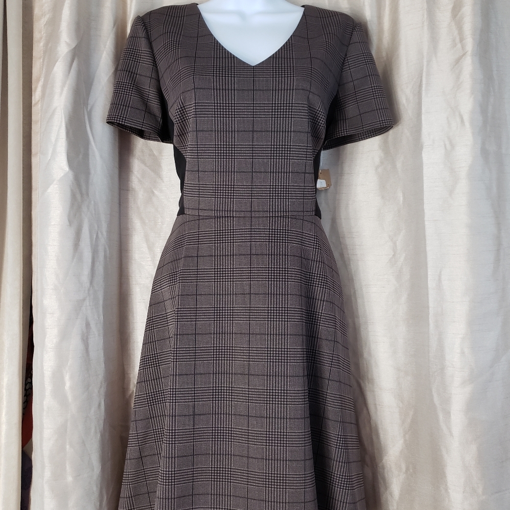 NWT Cremieux taupe checked fit & flare dress 6 - Picture 3 of 8